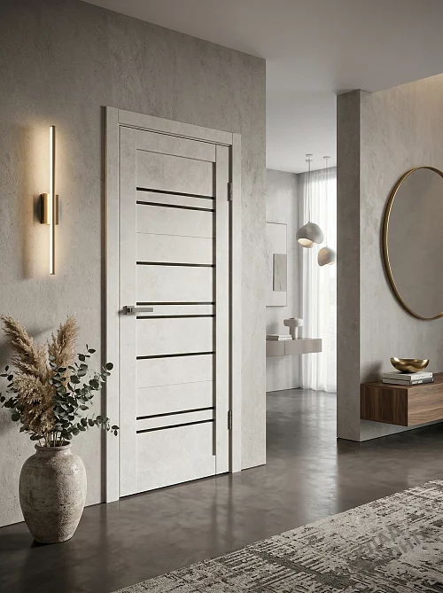Фото Дверь FlyDoors Барн B02 бетон светлый, ПВХ, черное стекло – купить в Иркутске: цена, описание, фото. Интернет-магазин. 1