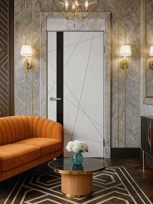 Фото Дверь FlyDoors Лайн LN02 бетон светлый, ПВХ, черное стекло – купить в Иркутске: цена, описание, фото. Интернет-магазин. 1