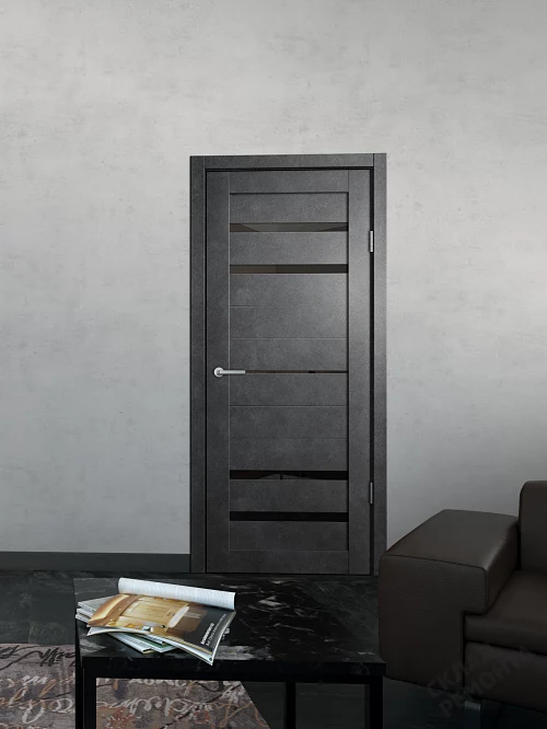 Фото Дверь FlyDoors Барн B03 бетон темный, ПВХ, черное стекло – купить в Иркутске: цена, описание, фото. Интернет-магазин. 1