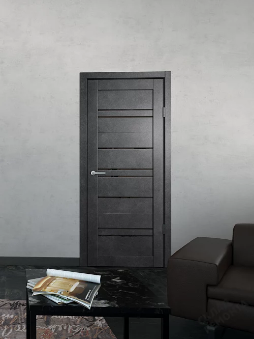 Фото Дверь FlyDoors Барн B02 бетон темный, ПВХ, черное стекло – купить в Иркутске: цена, описание, фото. Интернет-магазин. 1