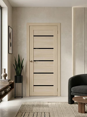 Дверь FlyDoors Ла Стелла 206 ясень латте, экошпон, черное стекло