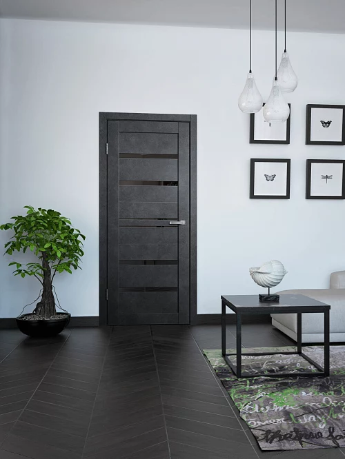 Фото Дверь FlyDoors Барн B01 бетон темный, ПВХ, черное стекло – купить в Иркутске: цена, описание, фото. Интернет-магазин. 1