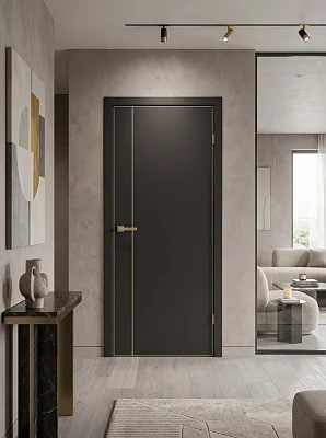 Дверь FlyDoors Тринити TR04 (алюм.кромка шампань 4-х сторон) титан, эмалит, без стекла