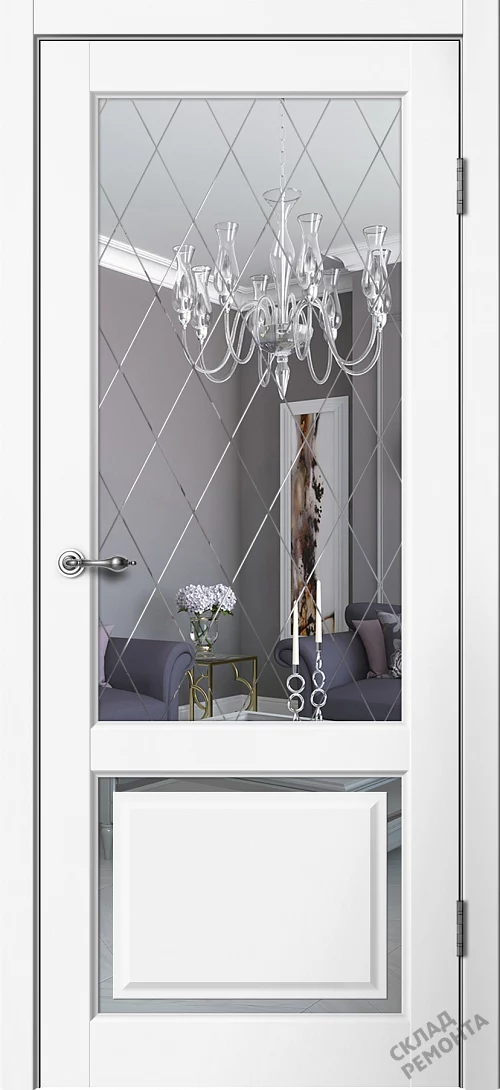 Фото Дверь FlyDoors Эстетик Е03 белый, эмалит, зеркало – купить в Иркутске: цена, описание, фото. Интернет-магазин. 1